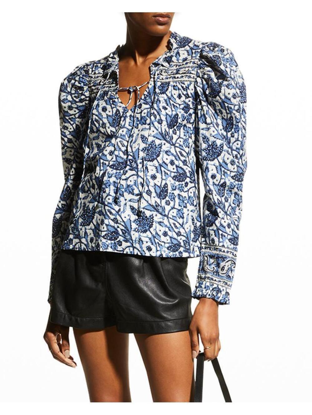 Love the Label Blue & White Floral Printed Cotton Tie-Neck Blouse Size Large